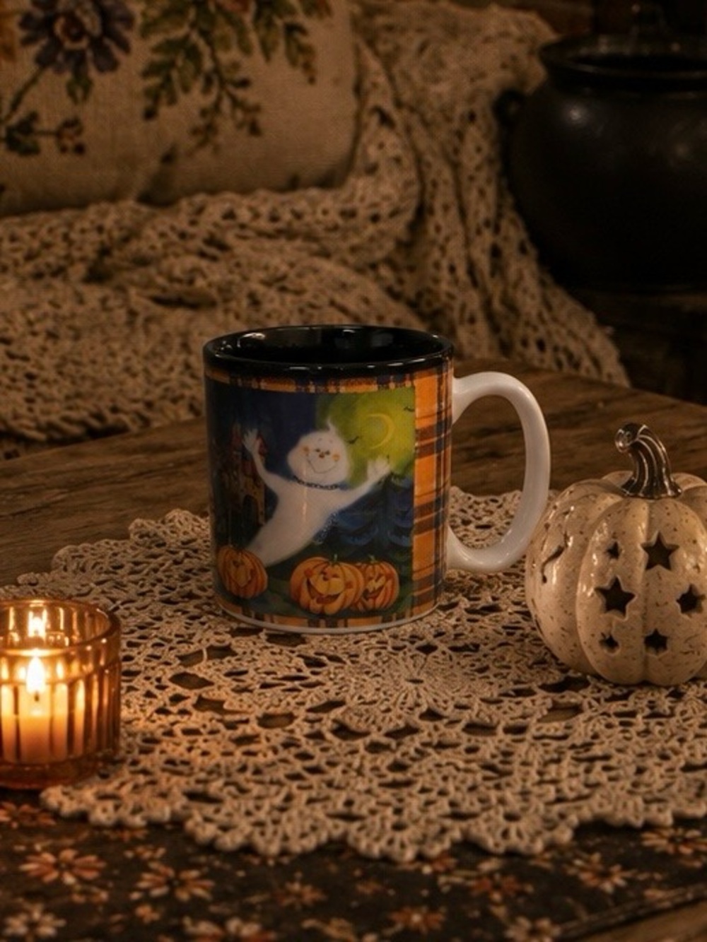 2005 Burton + Burton Halloween Ghost Mug Pumpkins Bats Cottagecore Orange Plaid